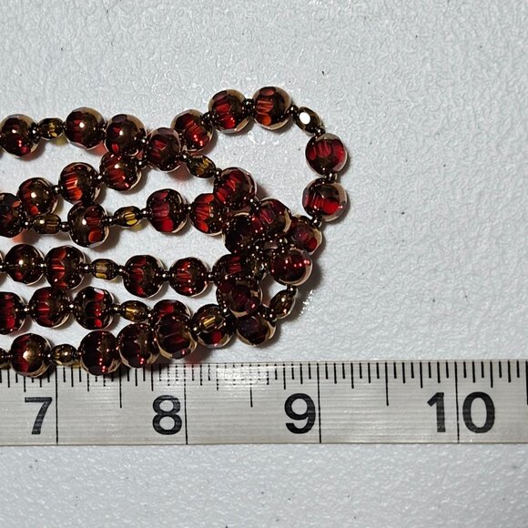 Vintage Triple Strand Red Gold Beaded Necklace Geometric Clasp Retro Fashion - Picture 6 of 6